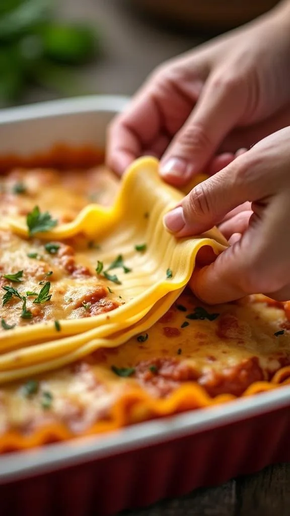 Hands meticulously layering gluten-free lasagna noodles in a baking dish