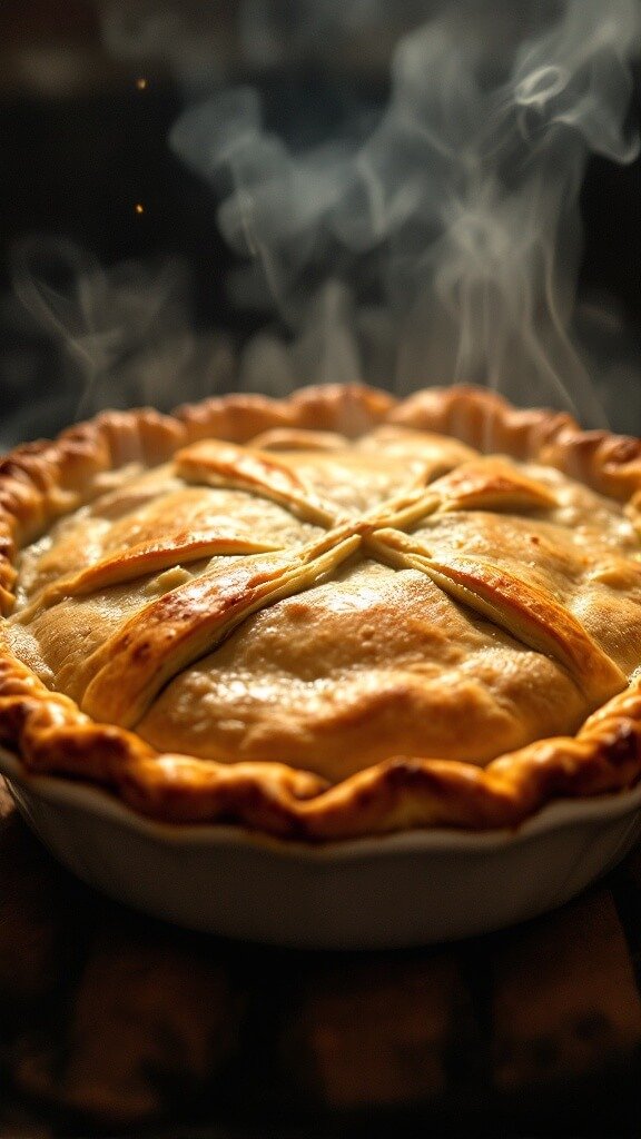 Freshly baked golden-brown pot pie with steam rising from decorative vents, flaky crust and visible bubbling filling