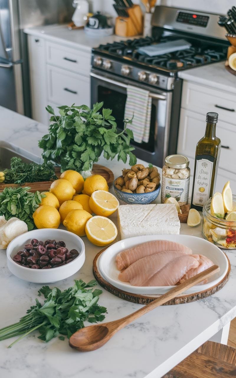 Ingredients for greek chicken bowls arranged on a bustling home kitchen's marble countertop