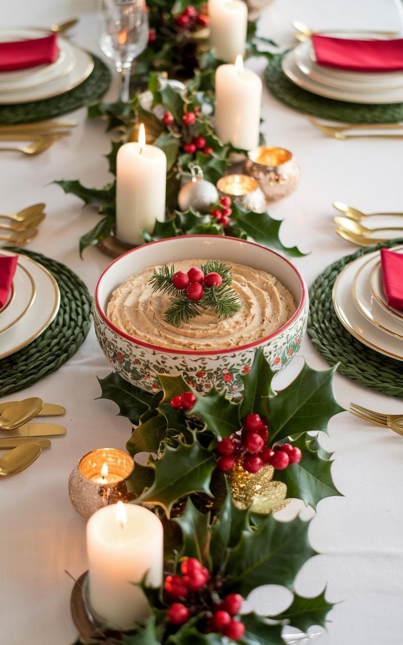 A holiday dinner table set with a decorative bowl of pâté as the centerpiece, surrounded by festive ornaments, candles, and neatly arranged place settings.