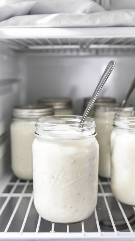 Mason jars filled with homemade white yogurt on a refrigerator shelf, a spoon standing upright in one jar displaying its creamy texture