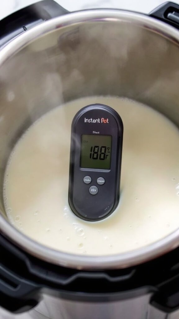 Instant pot with milk and cream mixture, digital thermometer indicating 180°f, steam and small bubbles visible.