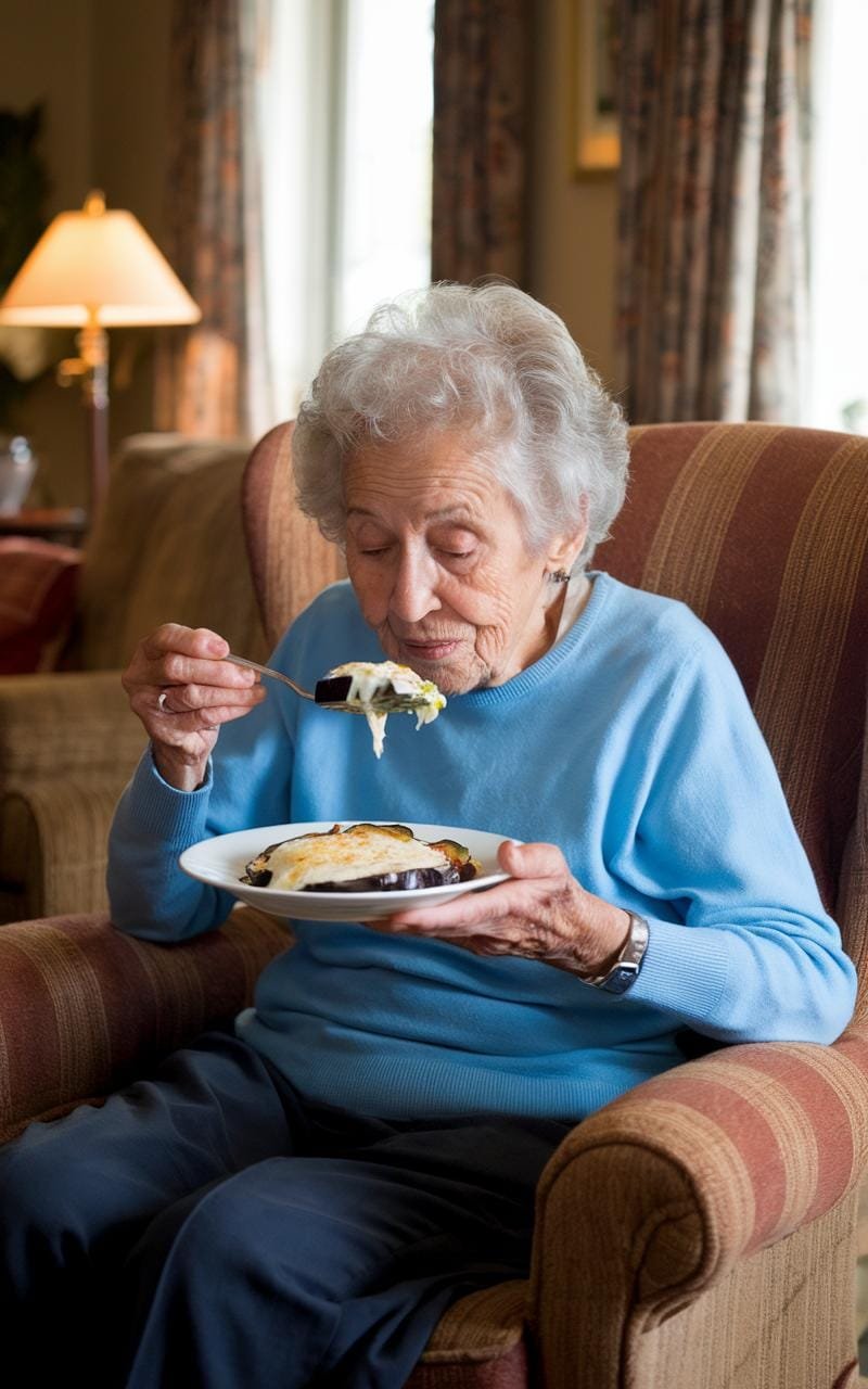 Elderly italian grandmother in a cozy living room, seated in an armchair, tasting eggplant parmesan with a pleasantly surprised expression.