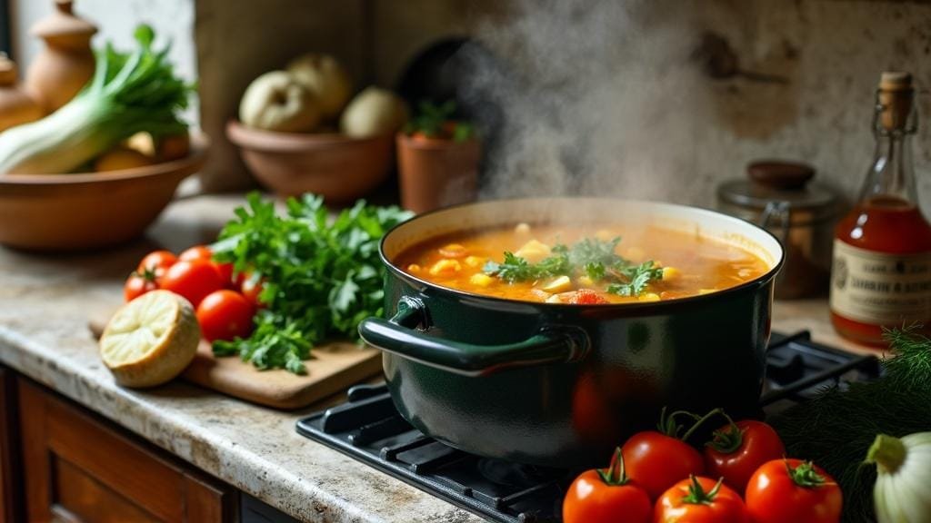 Healthy Zuppa Toscana: A Creamy, Comforting Italian Soup (Paleo &Amp; Whole30 Friendly) 2 "rustic italian kitchen with a steaming pot of zuppa toscana on the stove, flanked by fresh ingredients"