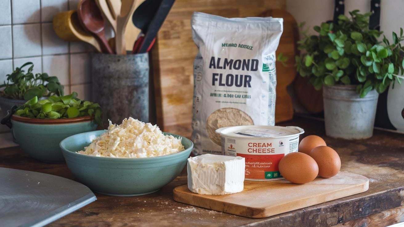 "ingredients for keto pizza including shredded mozzarella, cream cheese, almond flour, and eggs on a rustic kitchen countertop"