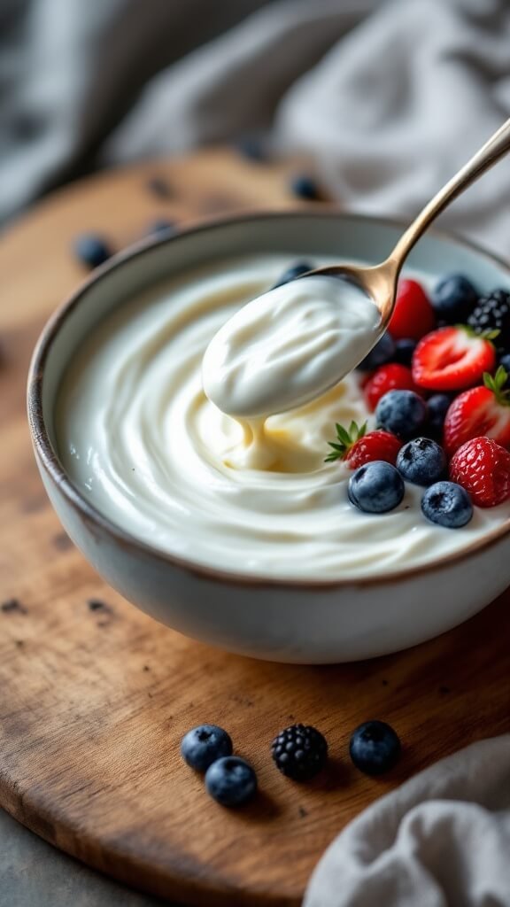 Spoon pulling through thick keto yogurt garnished with fresh berries on a wooden breakfast board