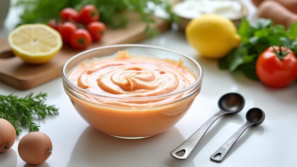 Healthy Yum Yum Sauce: A Guilt-Free Twist On A Classic 2 "kitchen countertop with a glass bowl of orange-pink sauce, fresh ingredients and measuring spoons"