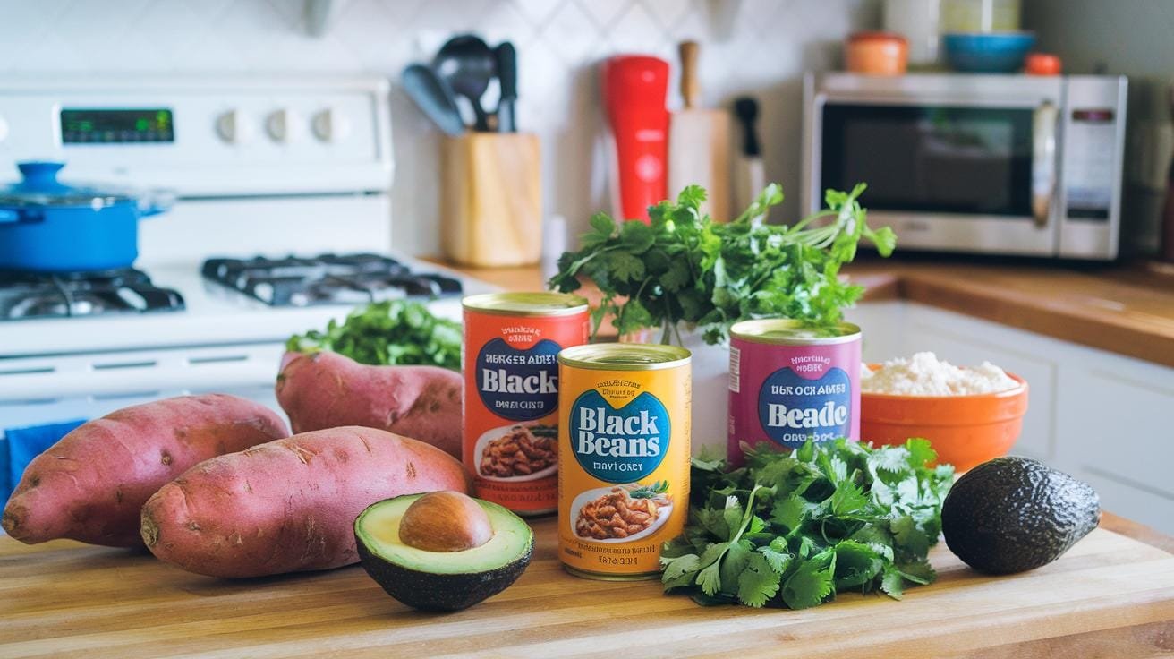 "colorful kitchen counter setup with sweet potatoes, cans of black beans, fresh cilantro, and a ripe avocado for meal preparation"