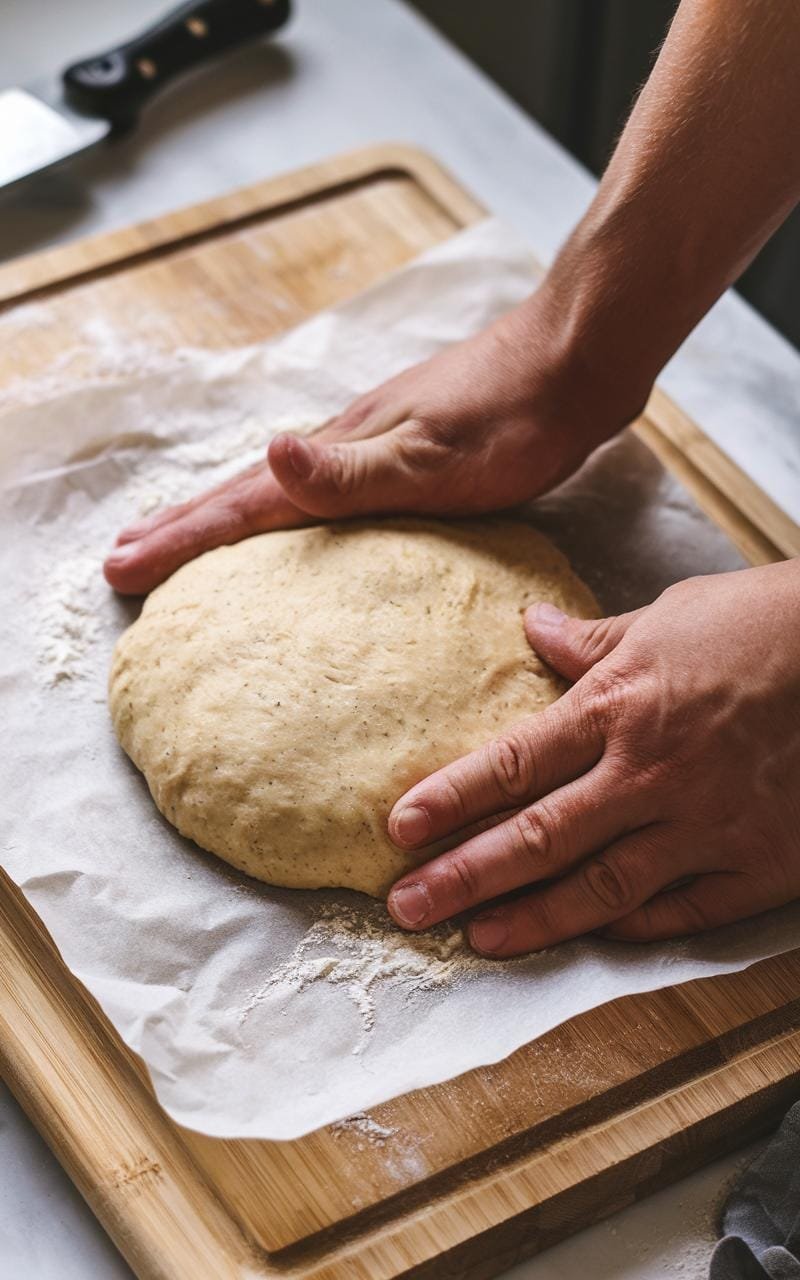 Hands kneading keto pizza dough between parchment paper on a wooden board