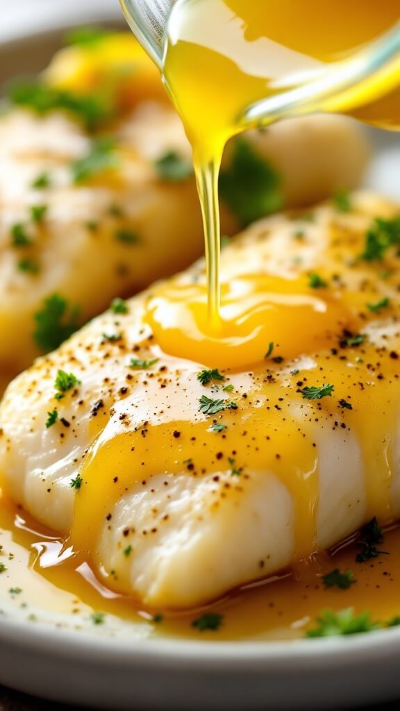 Pouring butter-garlic mixture on seasoned cod fillets with fresh parsley