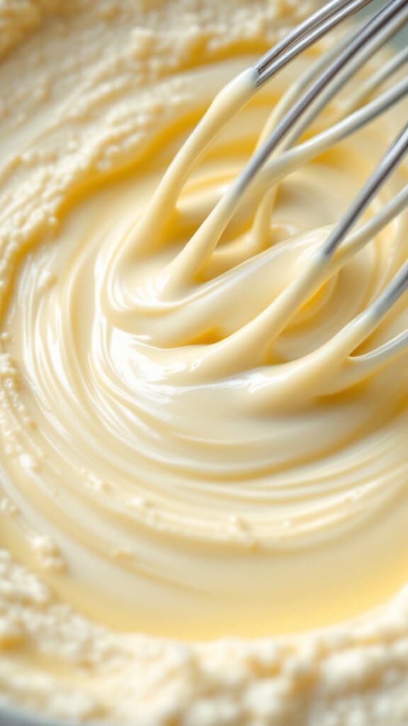 Close-up image of flour and butter forming a roux with visible whisking motion in creamy sauce