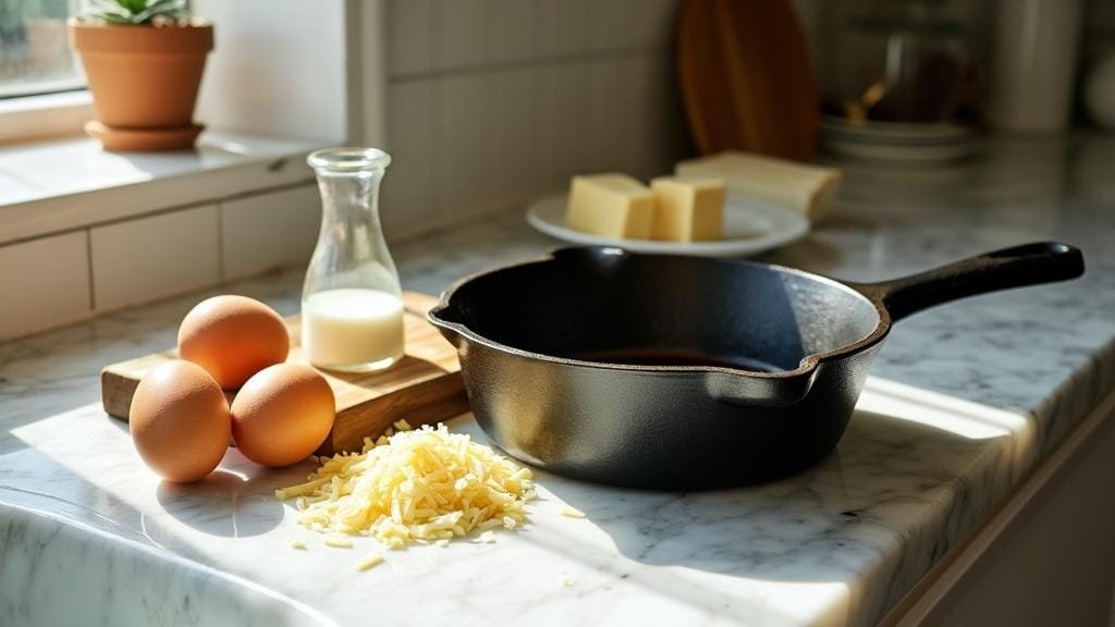 "a pristine marble kitchen counter in morning sunlight, presenting a well-seasoned cast iron pan, farm-fresh eggs, heavy cream, and freshly grated cheese neatly arranged for cooking. "