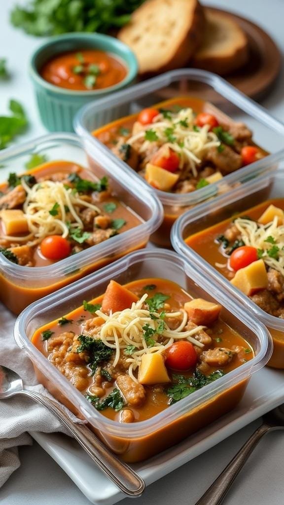 Healthy Zuppa Toscana: A Creamy, Comforting Italian Soup (Paleo &Amp; Whole30 Friendly) 6 Portioned containers of healthy zuppa toscana soup neatly arranged on a kitchen counter, ready to be frozen.
