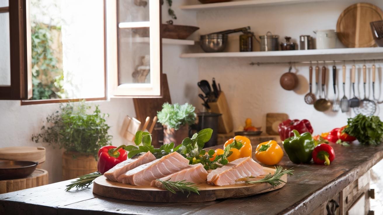 "sunlight illuminating a rustic mediterranean kitchen with fresh cod fillets, colorful bell peppers, and aromatic herbs on a wooden counter"