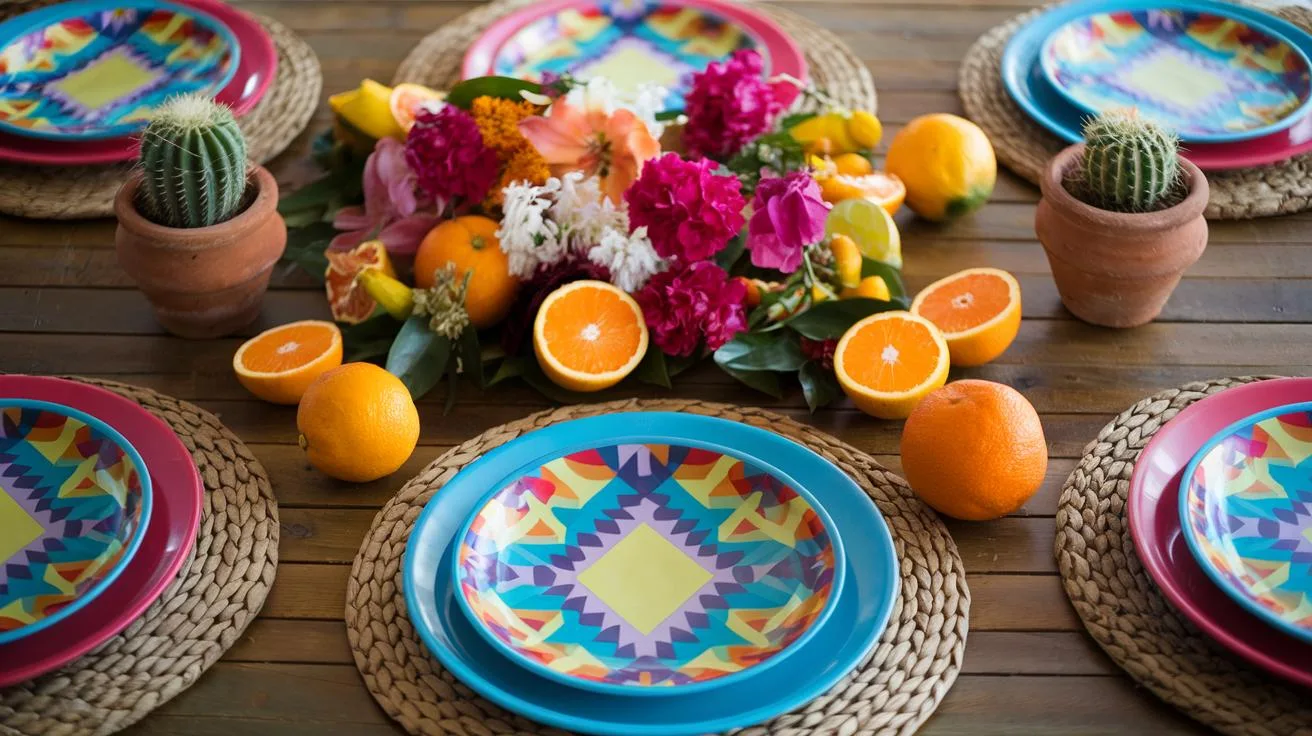 "vibrant mexican fiesta-themed table setting with colorful plates, woven placemats, and a centerpiece of fresh flowers and citrus fruits"