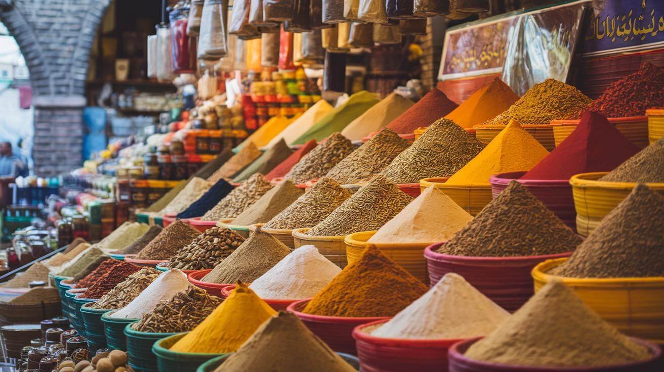 "vibrant middle eastern spice market stall filled with aromatic cumin, coriander, and cayenne pepper"