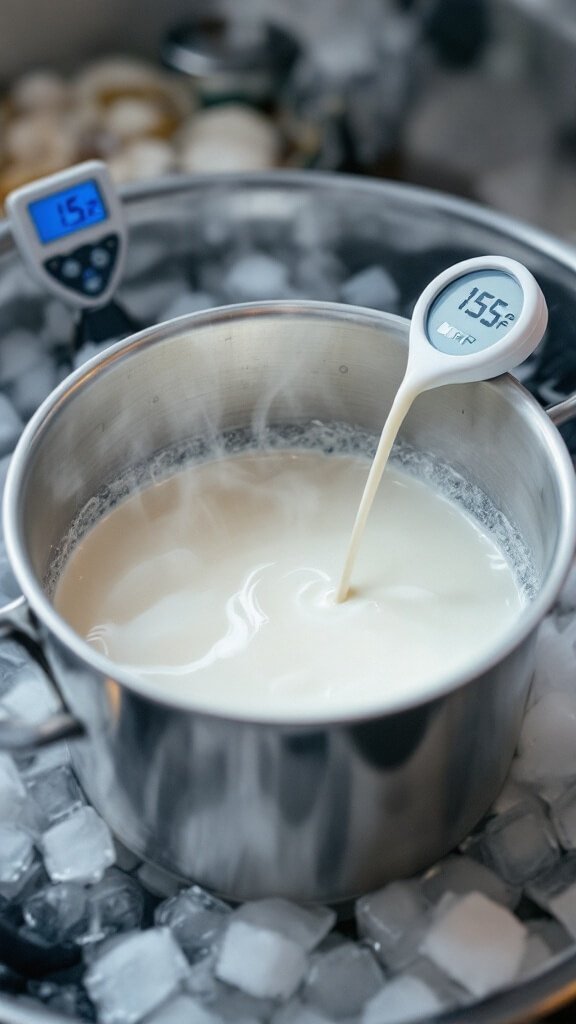 Large stainless steel pot in an ice bath cooling a milk mixture at 115°f, with steam rising up as seen on a digital thermometer
