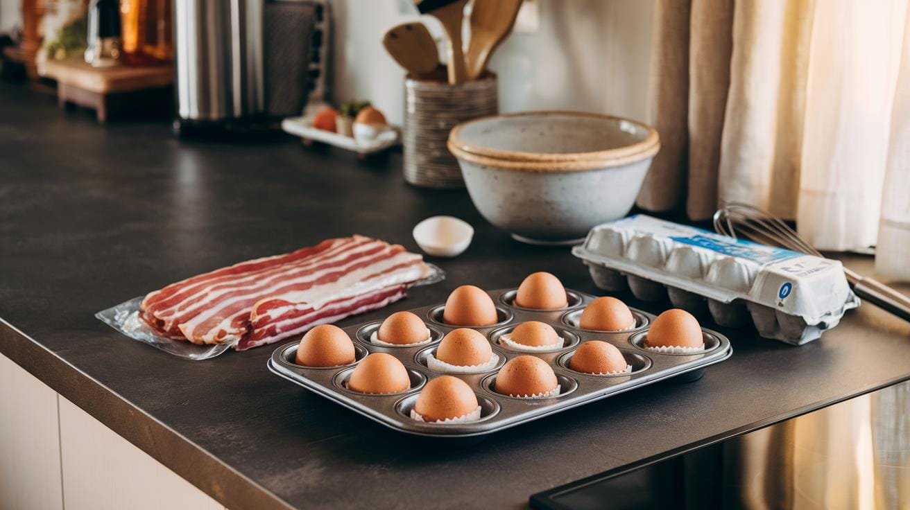 "modern kitchen countertop with a muffin tin filled with raw bacon and egg cups, and various cooking ingredients and utensils surrounding it"