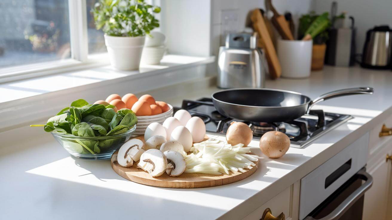 "morning sunlight streaming through kitchen window onto a clean countertop with fresh ingredients for an egg white omelette"