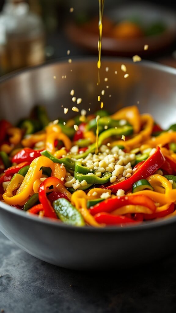 Vegetables being tossed in silver mixing bowl with olive oil and garlic