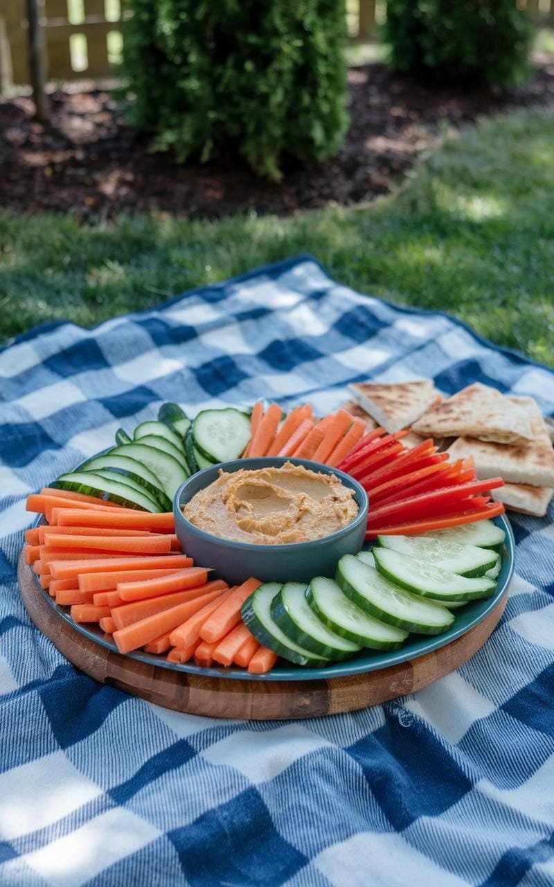 Plate of carrot sticks, cucumber slices, and bell pepper strips with hummus on a picnic blanket in a backyard