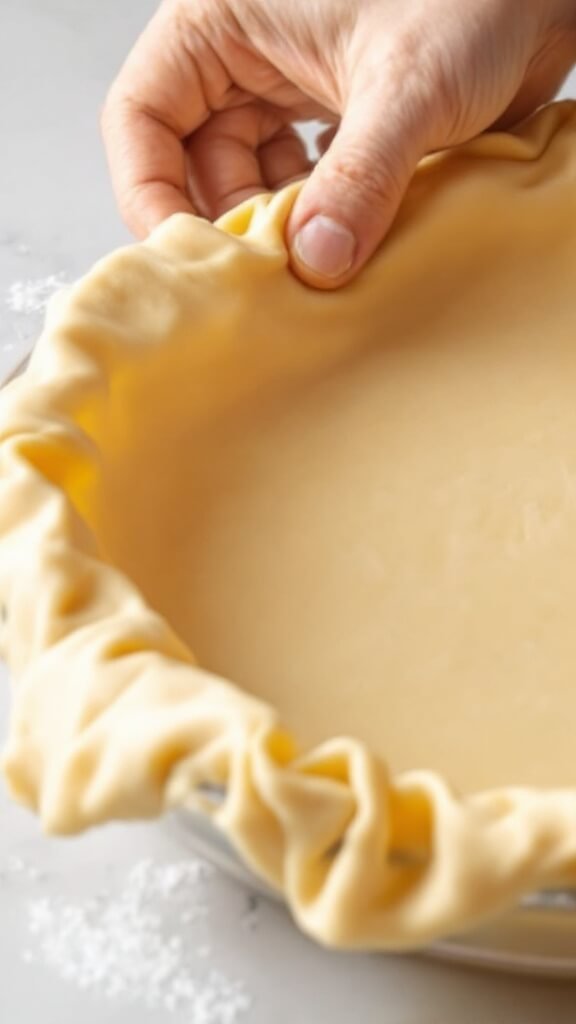 Hands gently pressing pie dough into a glass dish, crimping edges and leaving surplus dough hanging over sides.