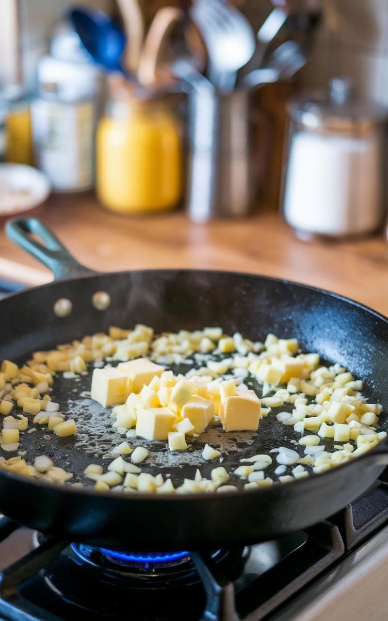 Sizzling skillet with melted butter, diced shallots, and lemon juice for fish poaching
