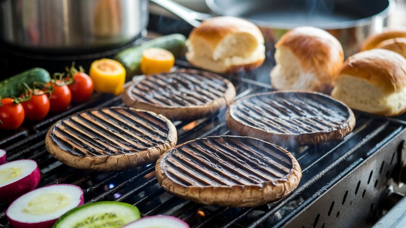 "four large portobello mushroom caps sizzling on a grill with visible grill marks, surrounded by an assortment of colorful vegetables and buns. "