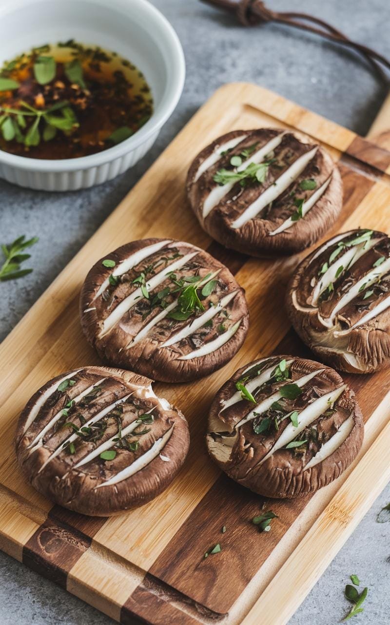 Grilled Portobello Mushroom Burger: The Meatless Marvel That'Ll Make You Forget Beef 7 Freshly cleaned, scored portobello mushrooms on a wooden cutting board, adjacent to a bowl of marinade and herbs