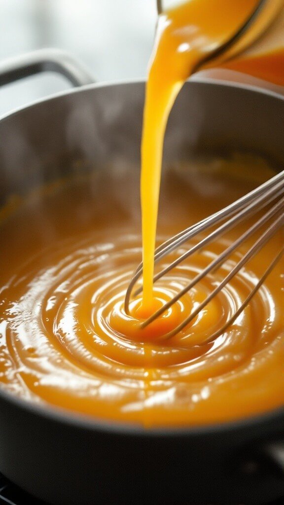 Pouring chicken broth into pot with roux base, creating swirls while whisking with steam rising.
