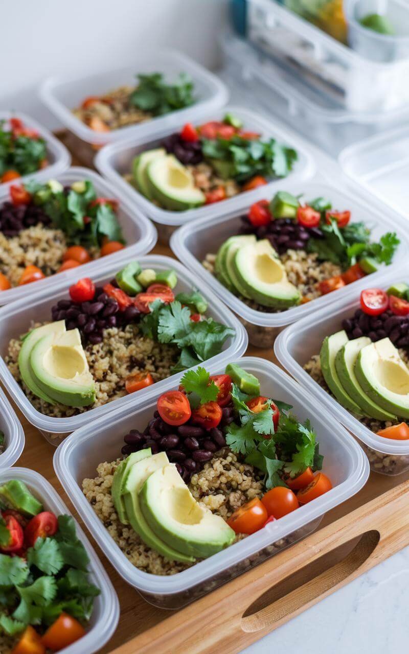 Quinoa Buddha Bowl: A Nourishing Veggie-Packed Delight 3 A meal prep scene featuring several containers filled with portioned quinoa buddha bowls, neatly arranged and ready for storage in the refrigerator.