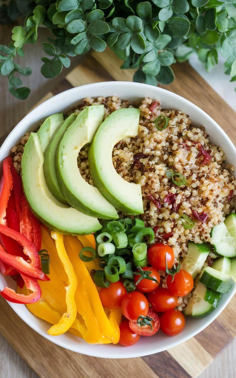Quinoa Buddha Bowl: A Nourishing Veggie-Packed Delight 5 Overhead view of a quinoa buddha bowl with colorful vegetables, avocado, and sliced radishes.