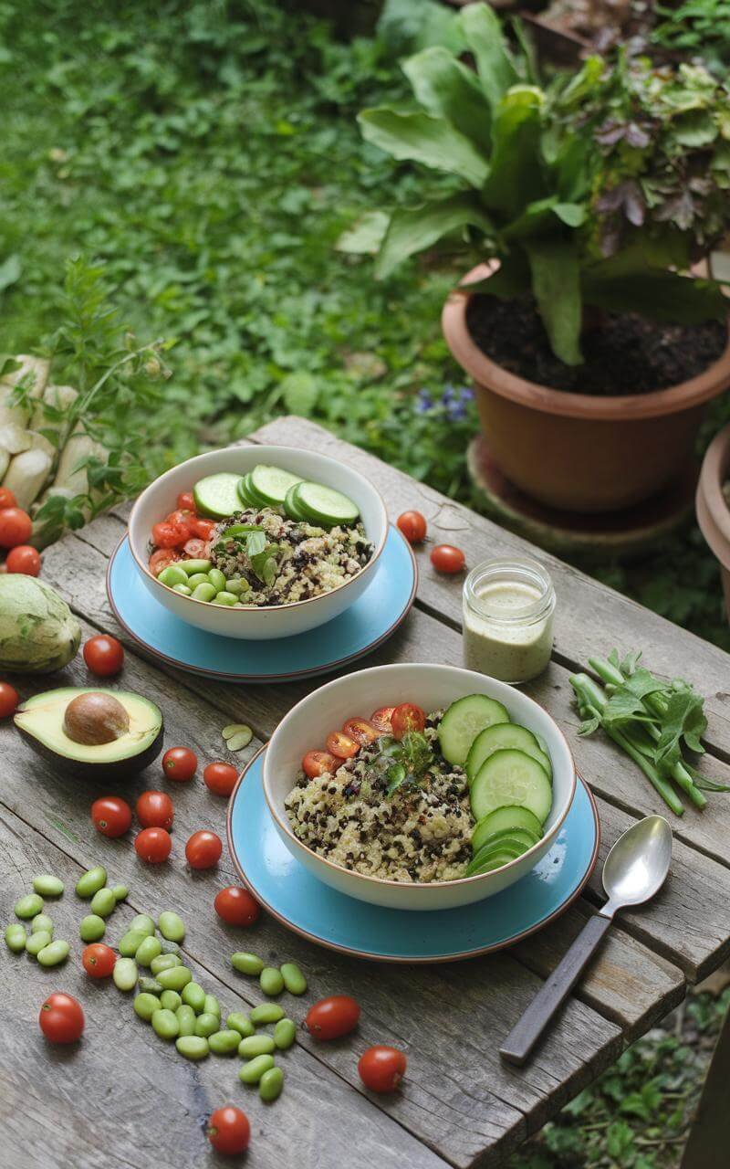Quinoa Buddha Bowl: A Nourishing Veggie-Packed Delight 7 Two quinoa buddha bowls on a rustic wooden table, with scattered ingredients and a jar of dressing nearby.