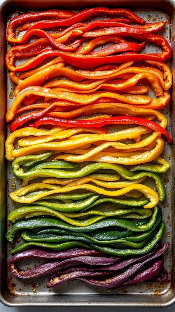 Baking sheet with perfectly arranged rainbow pepper strips, olive oil and garlic pieces ready for roasting
