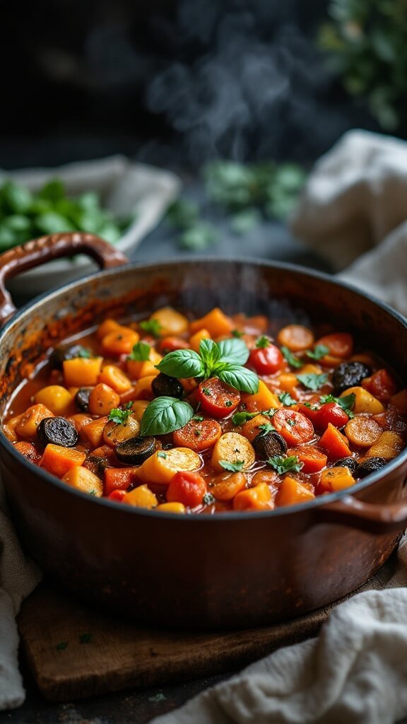 Completed ratatouille in rustic dutch oven garnished with fresh basil leaves, with steam rising from tender vegetables in rich sauce