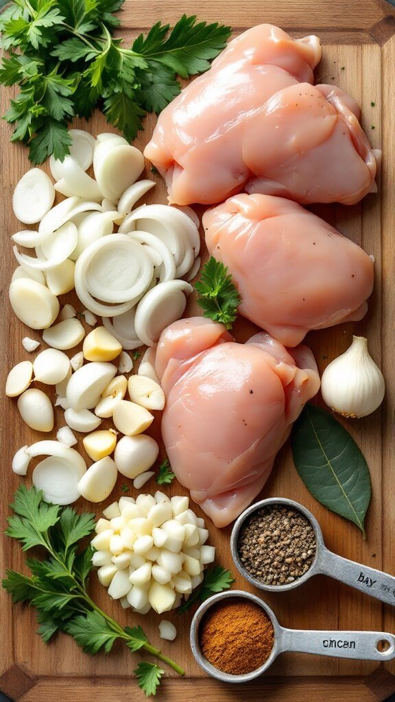 Raw chicken breasts and thighs on a wooden board with onions, garlic, bay leaf, fresh herbs and measuring spoons with spices.