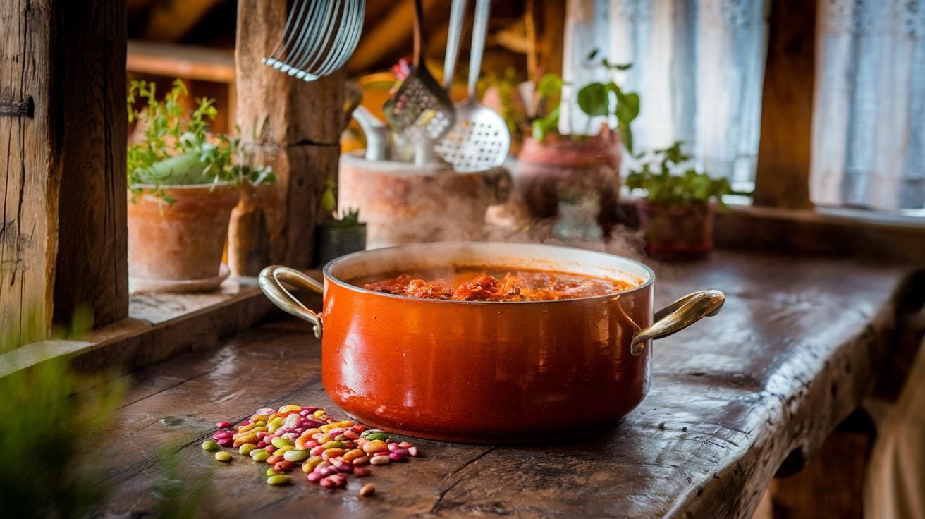 "steaming pot of red chili on a wooden table with scattered colorful beans and a cozy kitchen in the background"