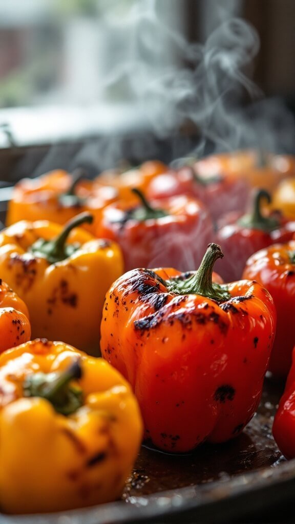Close-up of freshly roasted peppers with char marks and caramelization under natural window lighting