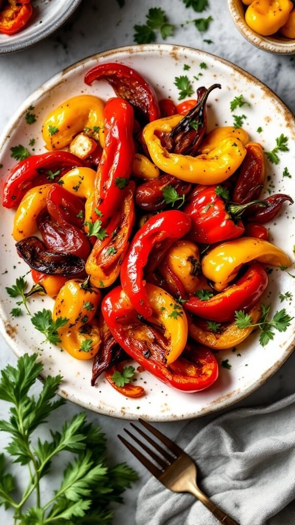 Roasted peppers garnished with fresh herbs on a rustic white ceramic plate