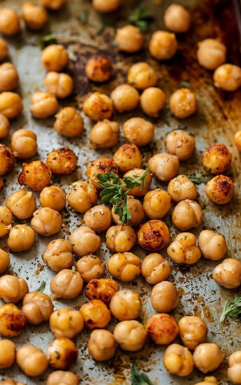 Close-up image of spiced roasted chickpeas on a baking sheet