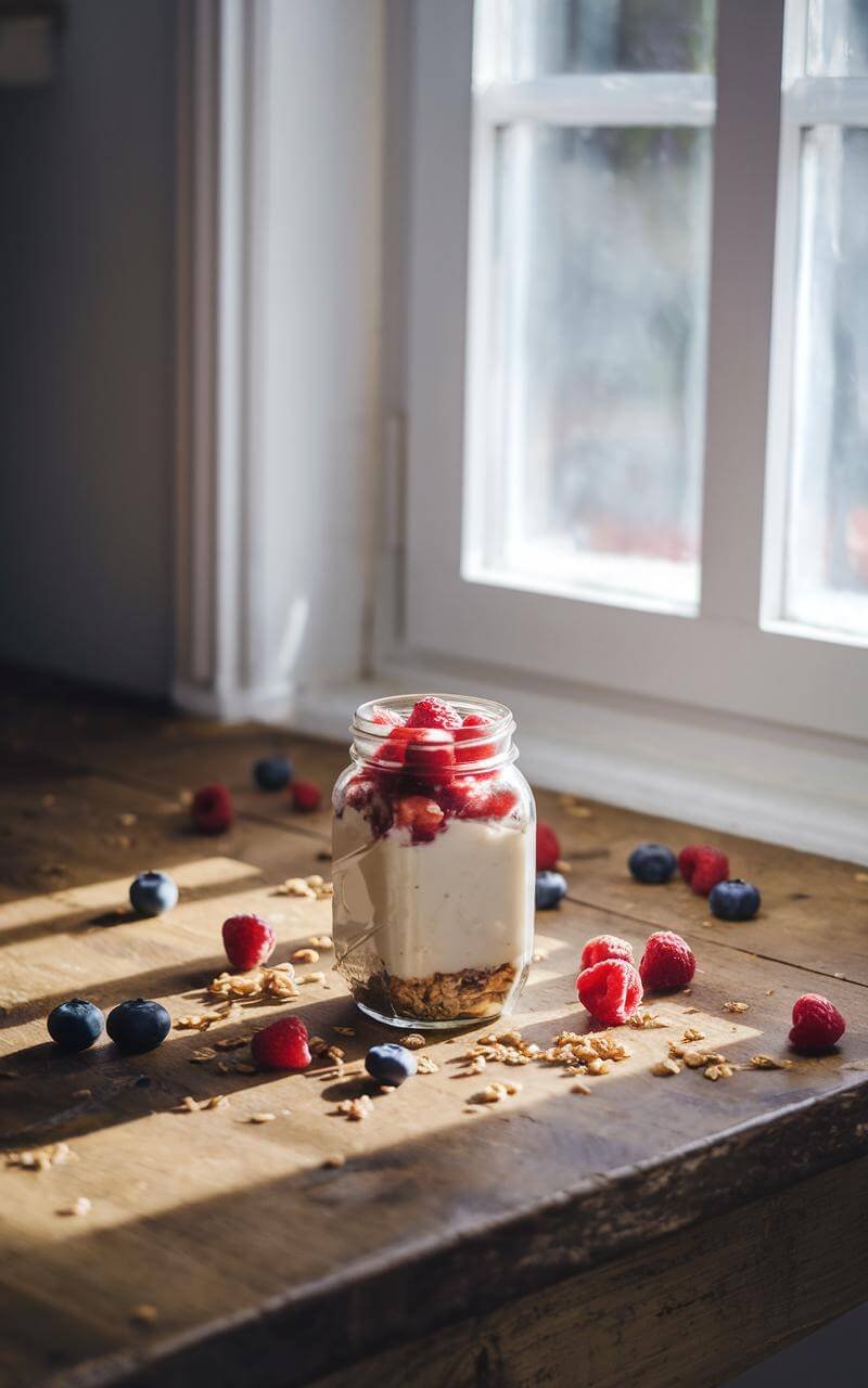 Mason jar parfait on rustic wooden table with scattered berries and granola, illuminated by soft morning light from kitchen window