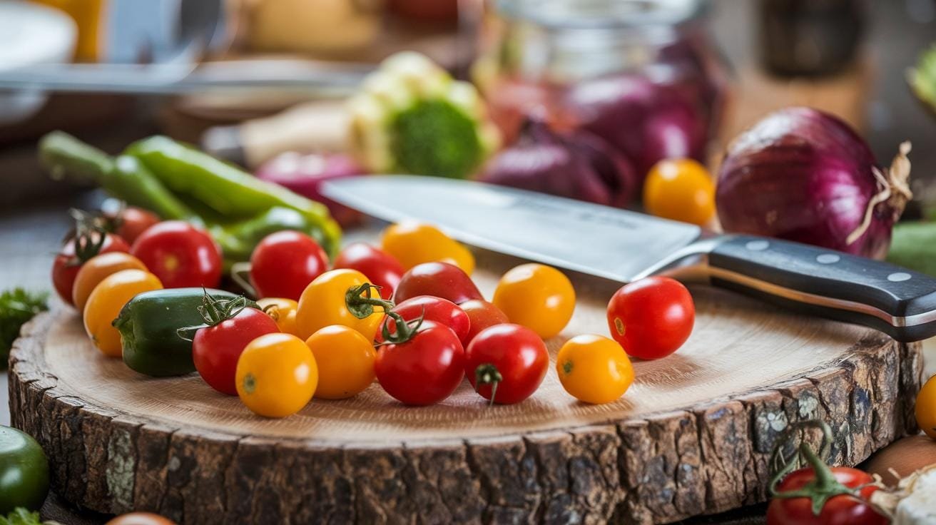 "rustic wooden cutting board with colorful vegetables and a chef's knife"
