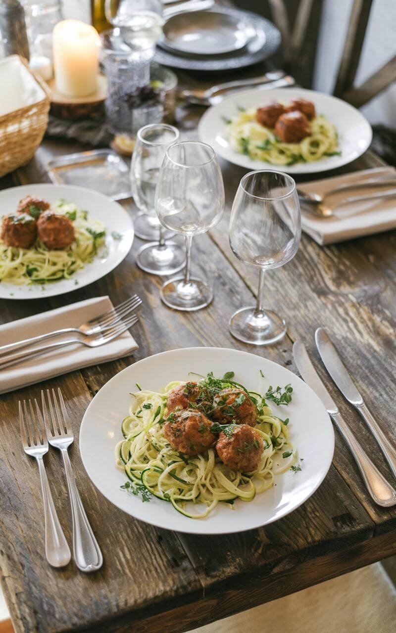 Dinner set on a rustic wooden table featuring plates of steaming zucchini noodles and meatballs, garnished with fresh herbs