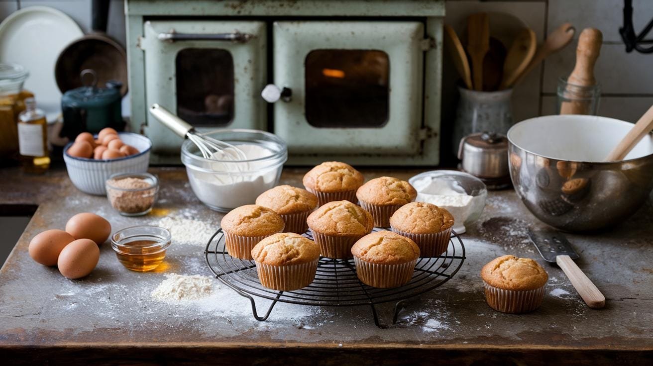 Almond Flour Muffins: The Ultimate Gluten-Free Treat 2 "freshly baked almond flour muffins on a rustic kitchen countertop with baking ingredients and equipment around"