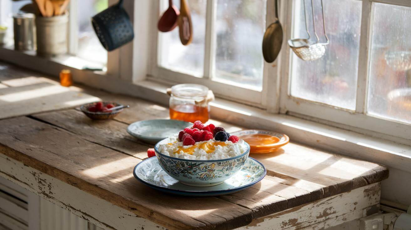 "rustic wooden table with a bowl of cottage cheese topped with fresh berries and honey in a sunny kitchen window"