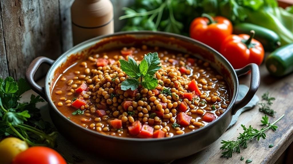 "rustic kitchen counter with simmering pot of lentil bolognese and fresh vegetables and herbs"