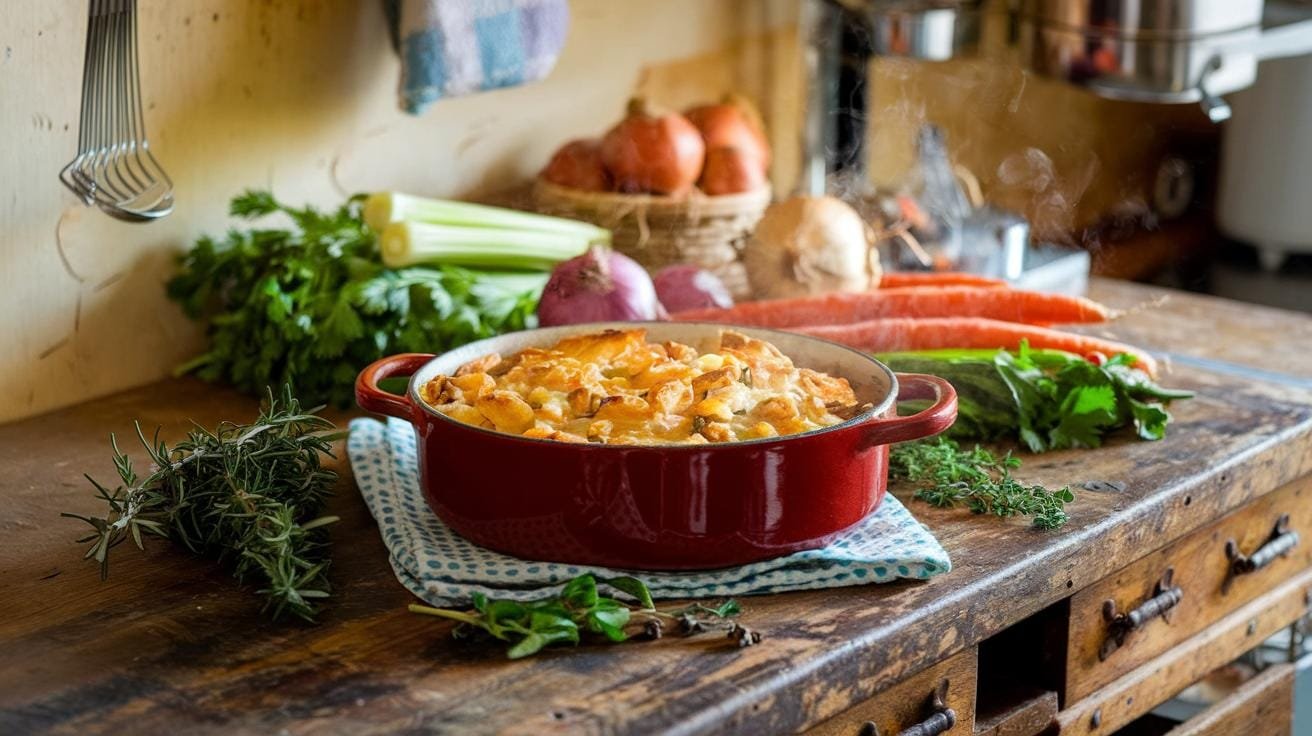 "steaming lentil shepherd's pie on a rustic kitchen counter surrounded by fresh herbs and vegetables"