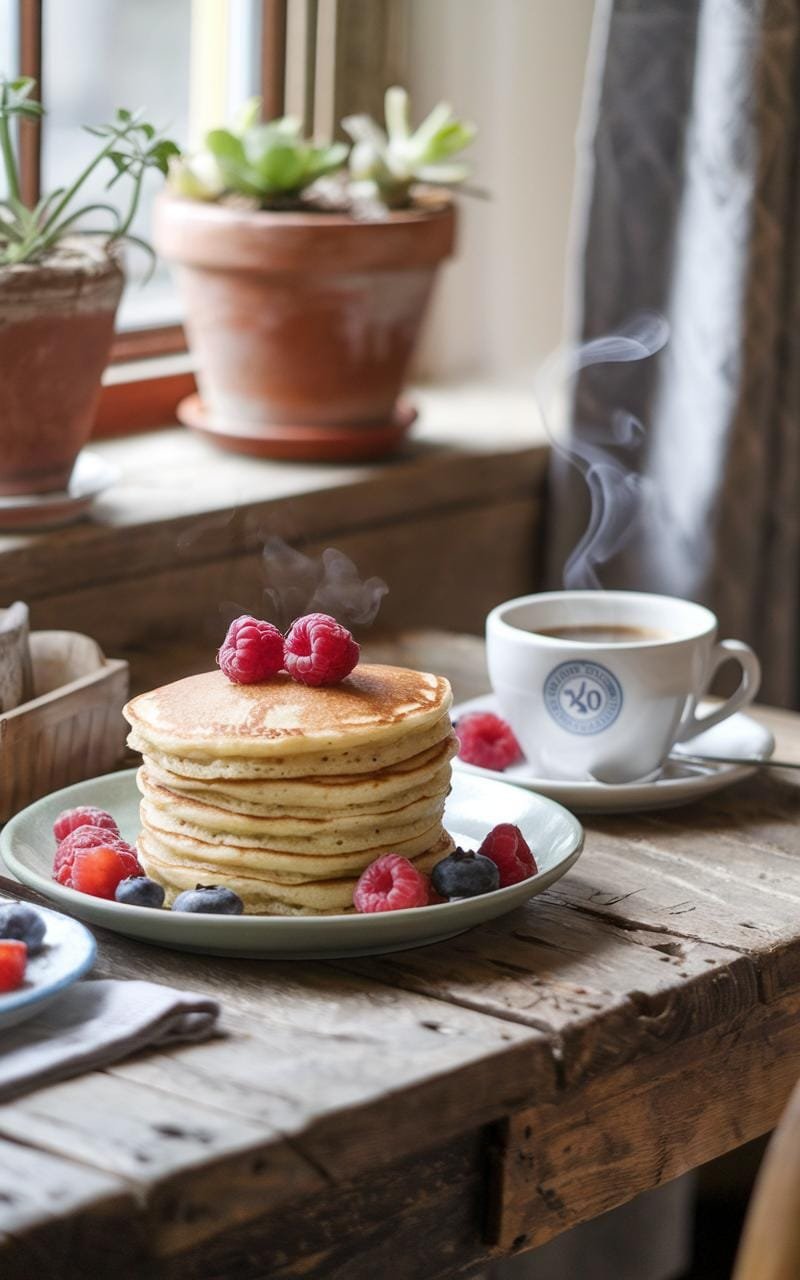 Rustic wooden table set with golden protein pancakes, fresh berries, and steaming coffee for breakfast