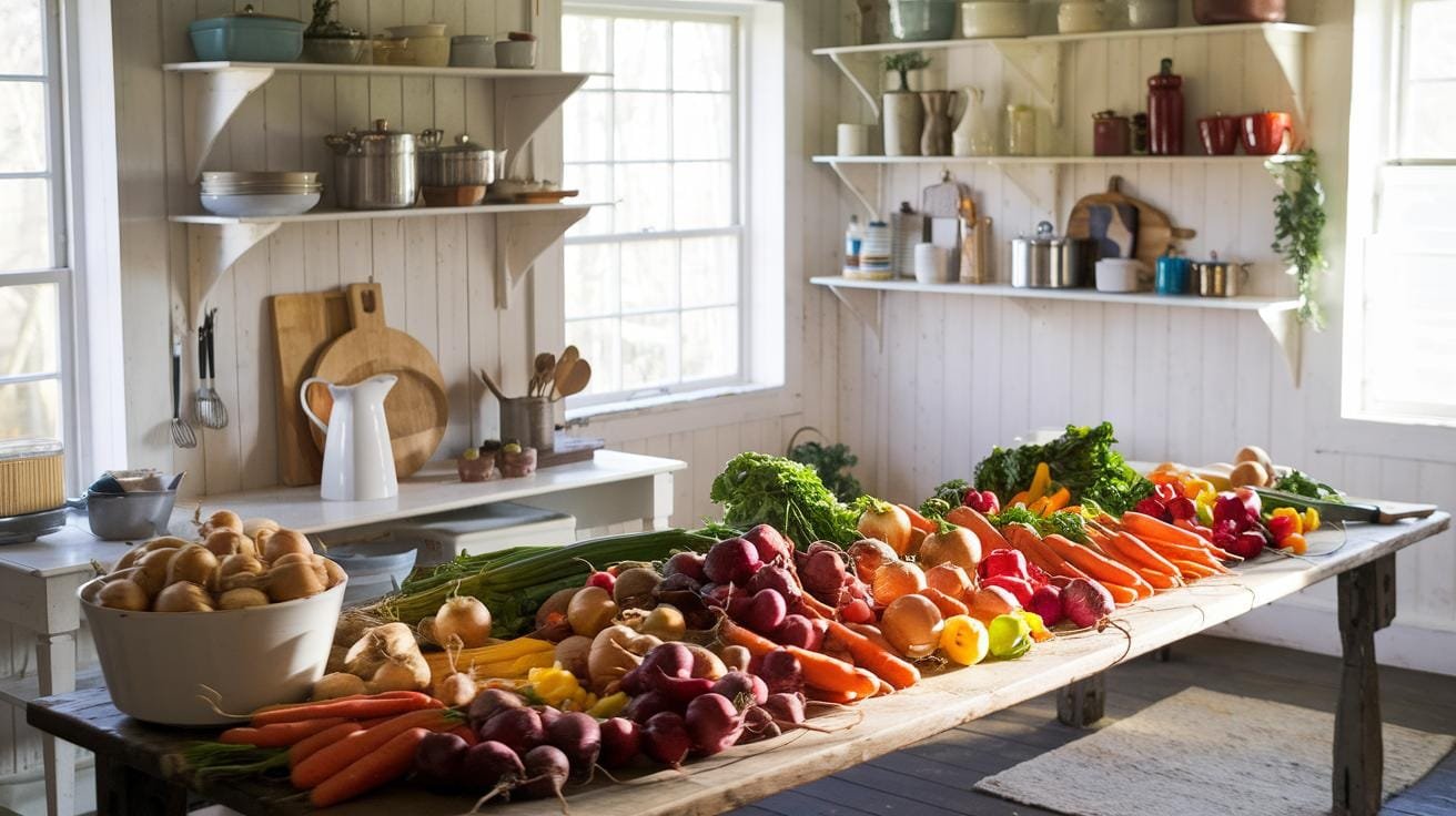 "sunlight illuminating rustic farmhouse kitchen with a wooden table covered in colorful fresh vegetables"