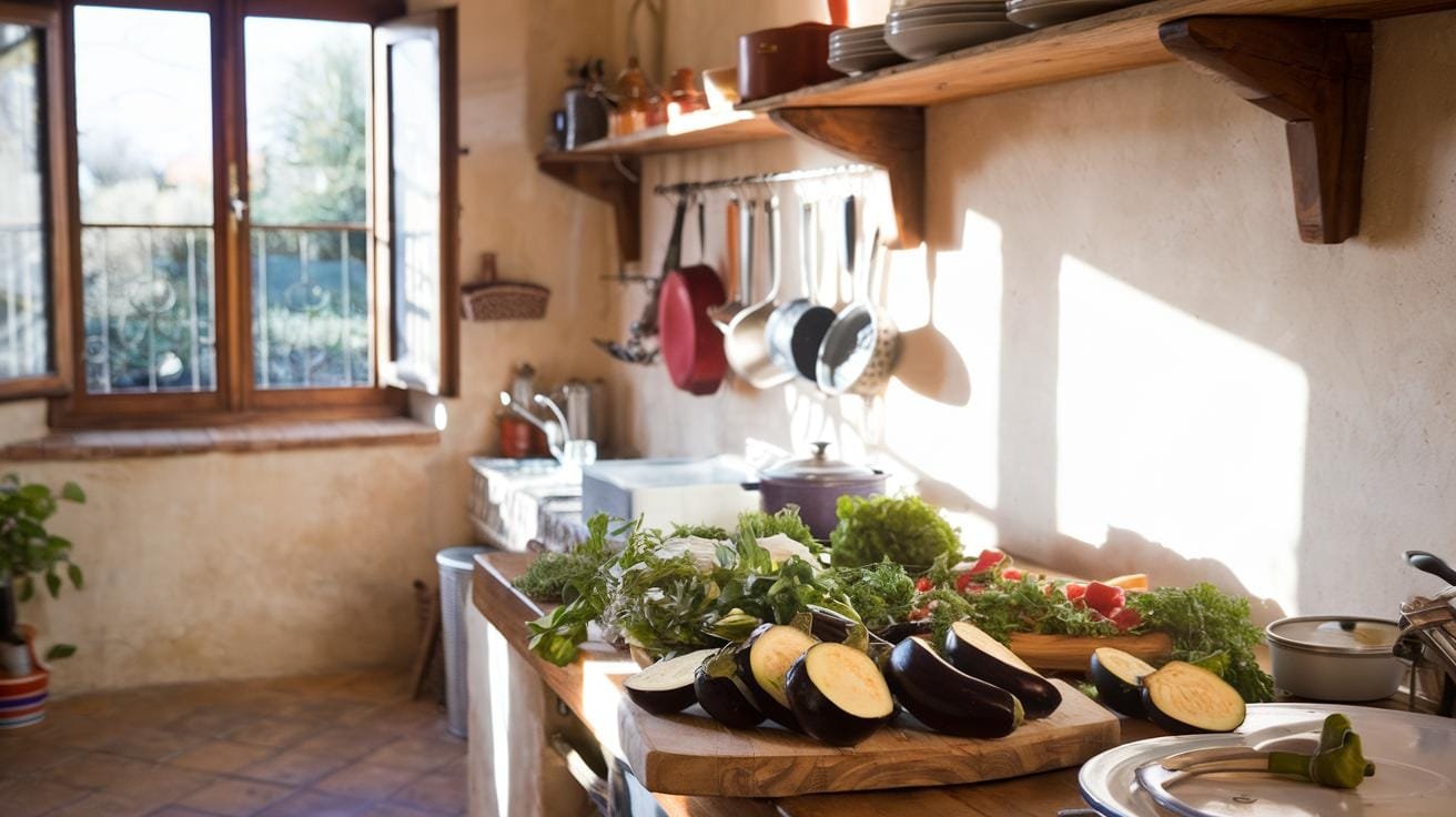 "sunlight illuminating a rustic italian kitchen with a wooden cutting board full of sliced eggplants and fresh herbs"